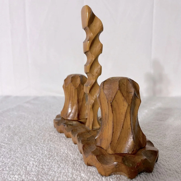 Vintage Hand Carved Wood Salt & Pepper Shakers With Carrier Stand - Picture 3 of 15